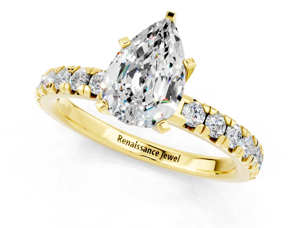 Yellow gold Pear Cut Moissanite Solitaire Pavé Engagement Ring with Round Band and Prong Setting