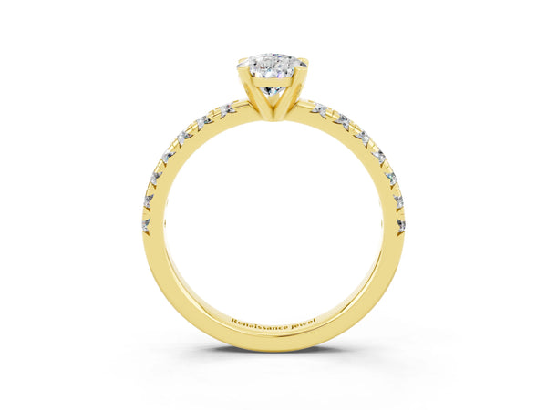 Yellow gold Pear Cut Moissanite Solitaire Pavé Engagement Ring with Round Band and Prong Setting