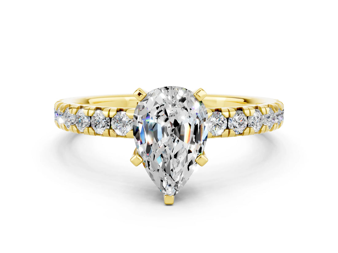 Yellow gold Pear Cut Moissanite Solitaire Pavé Engagement Ring with Round Band and Prong Setting_72