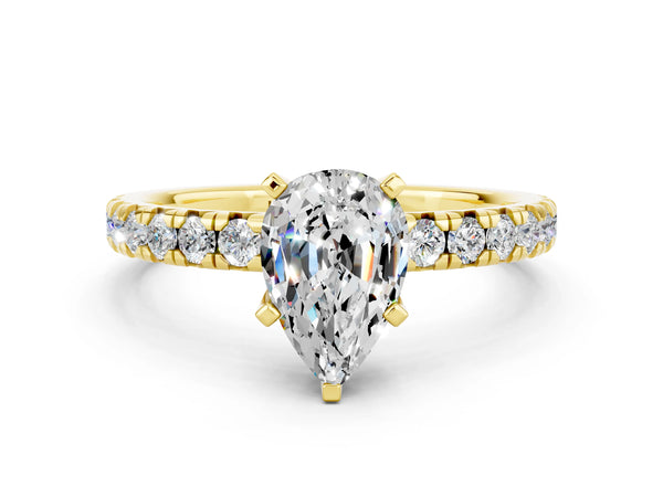Yellow gold Pear Cut Moissanite Solitaire Pavé Engagement Ring with Round Band and Prong Setting
