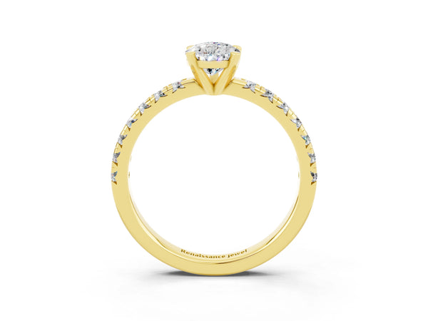Yellow gold Pear Cut Moissanite Solitaire Pavé Engagement Ring with Round Band and Prong Setting