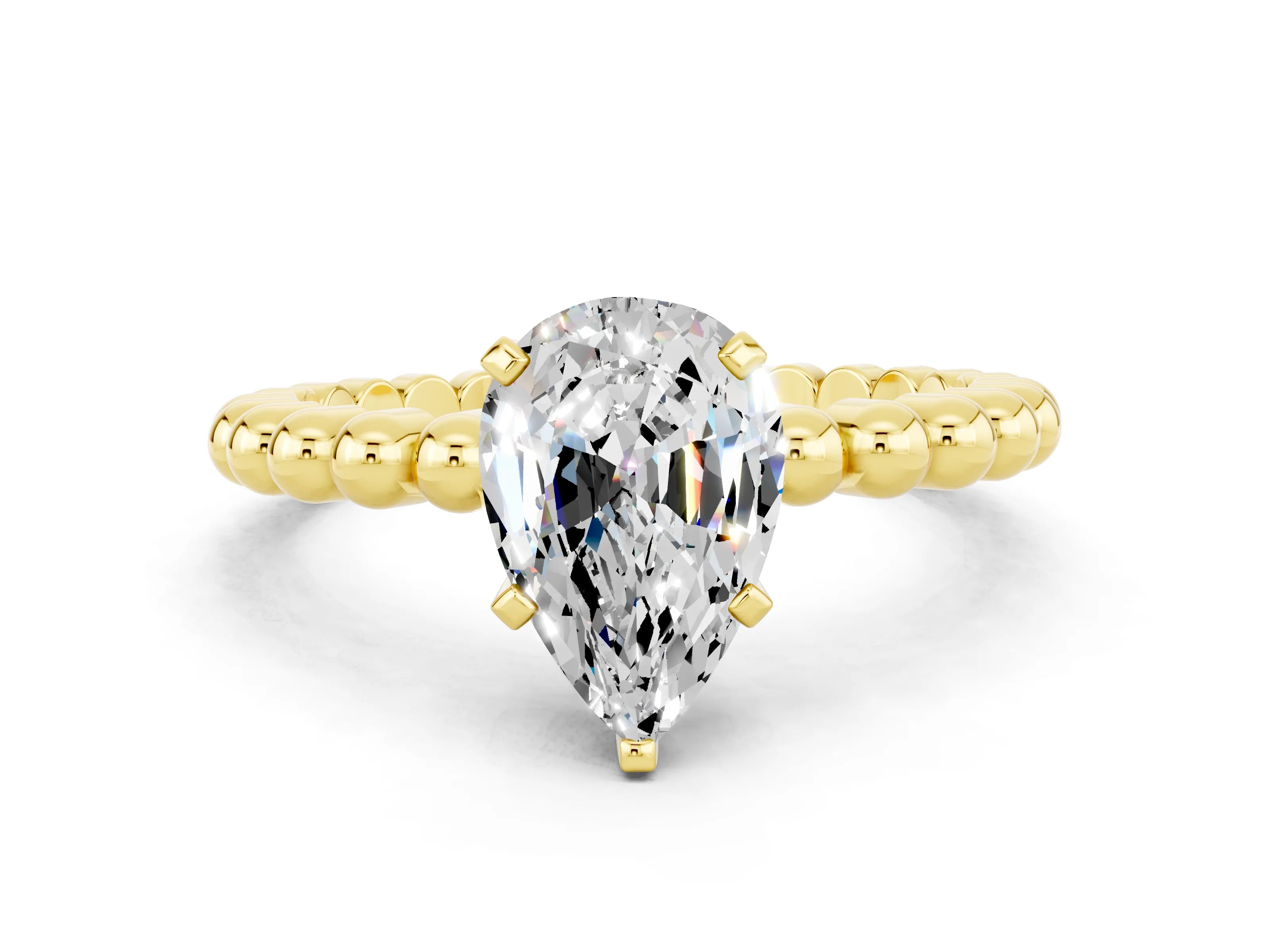 Yellow gold Pear Cut Moissanite Solitaire Ring with Beaded Band and Prong Setting