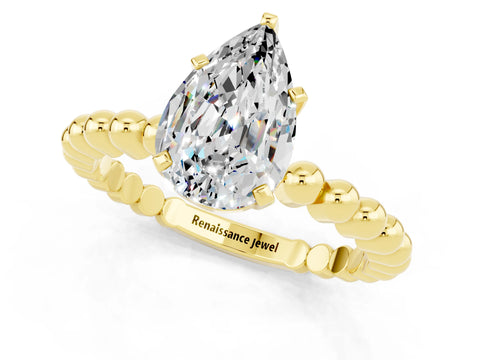 Yellow gold Pear Cut Moissanite Solitaire Ring with Beaded Band and Prong Setting_1