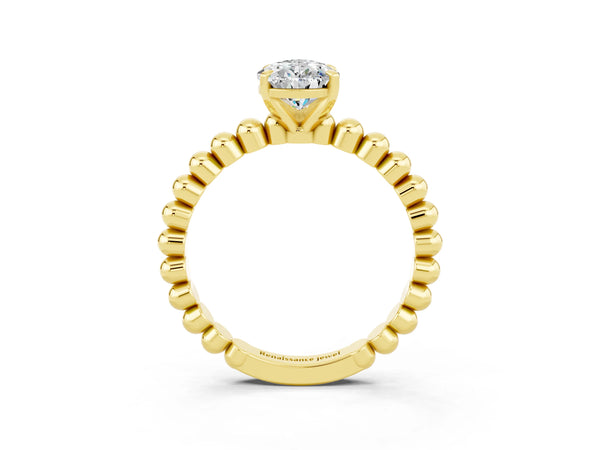 Yellow gold Pear Cut Moissanite Solitaire Ring with Beaded Band and Prong Setting