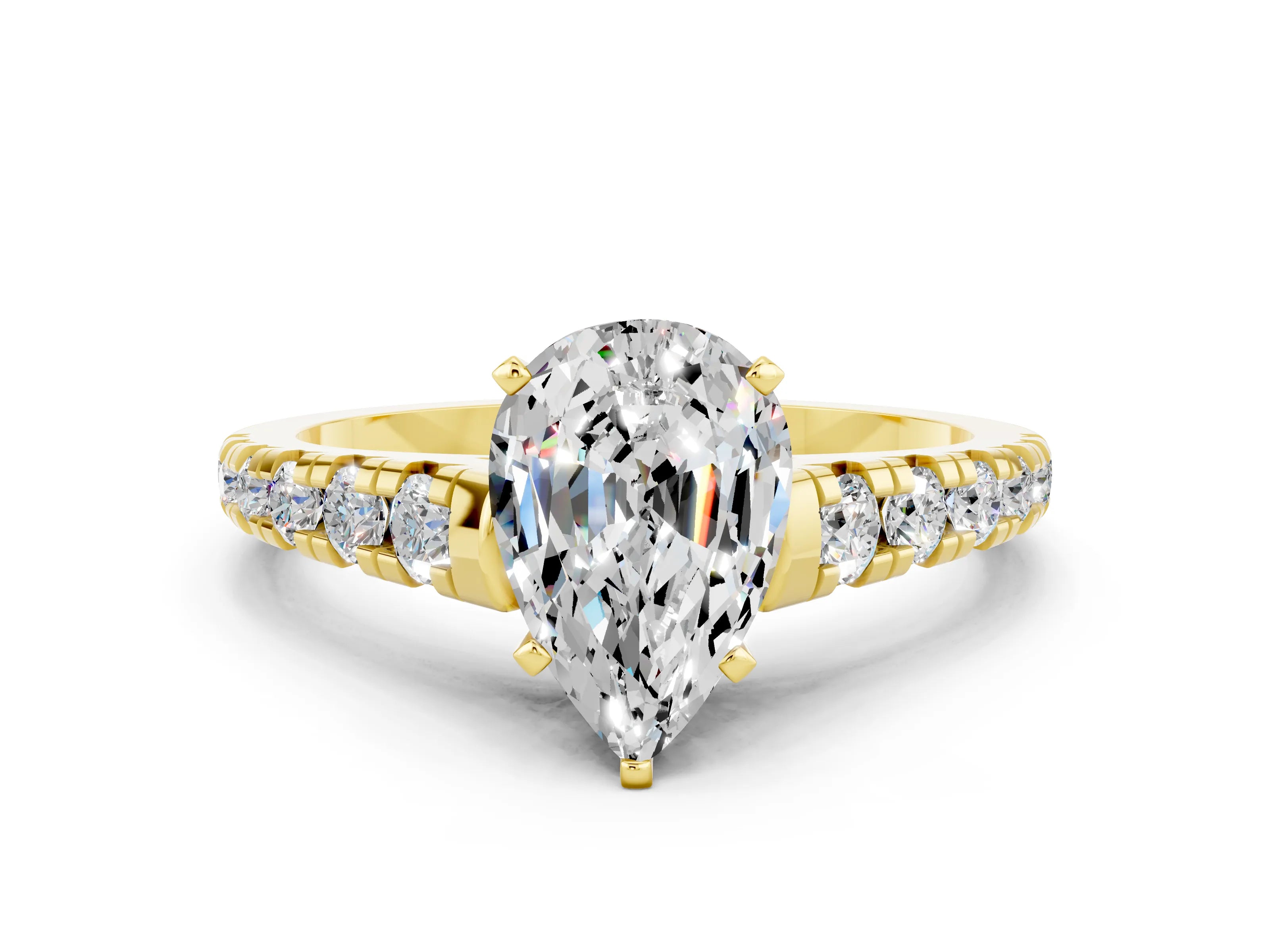 Yellow gold Pear Cut Moissanite Solitaire Ring with Cathedral Setting and Pavé Band