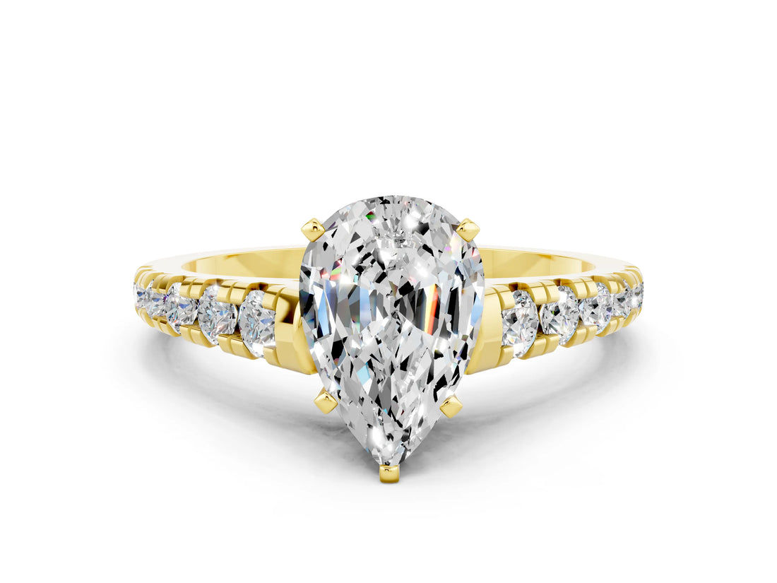 Yellow gold Pear Cut Moissanite Solitaire Ring with Cathedral Setting and Pavé Band