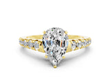 Yellow gold Pear Cut Moissanite Solitaire Ring with Cathedral Setting and Pavé Band