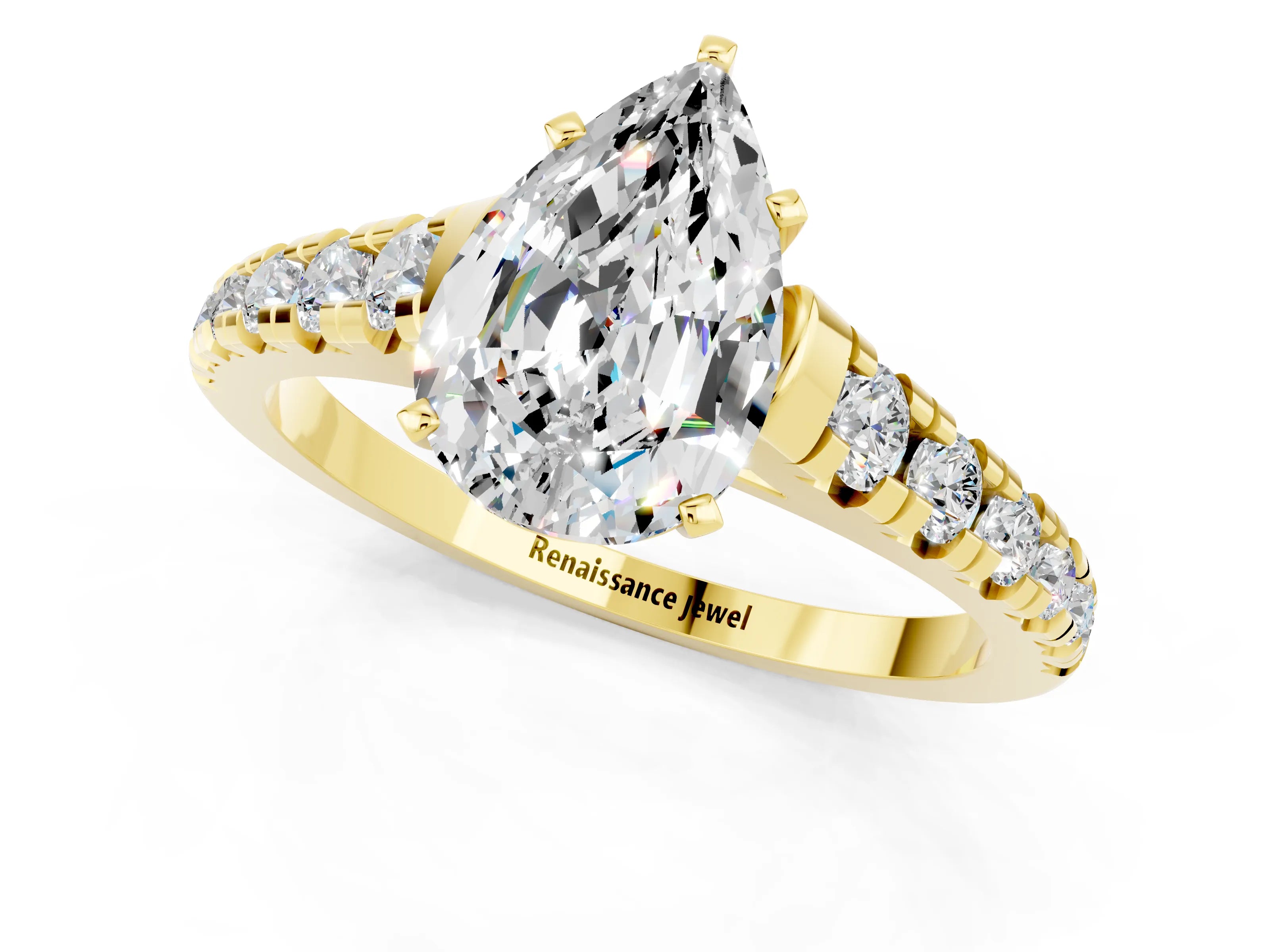 Yellow gold Pear Cut Moissanite Solitaire Ring with Cathedral Setting and Pavé Band_1