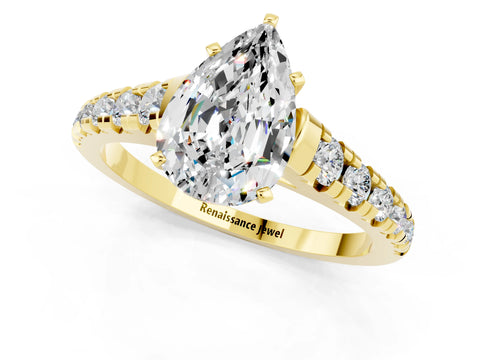 Yellow gold Pear Cut Moissanite Solitaire Ring with Cathedral Setting and Pavé Band_1