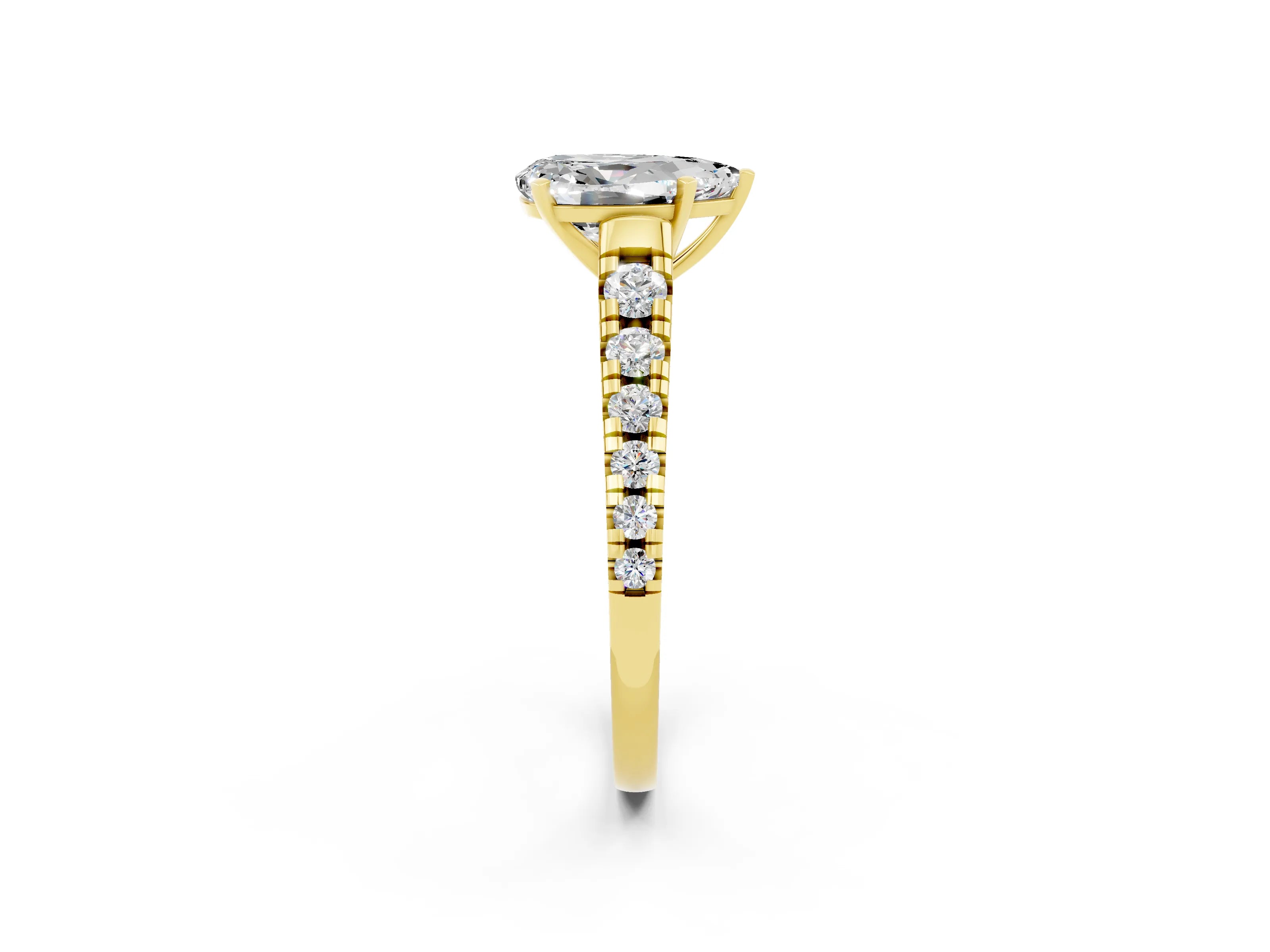 Yellow gold Pear Cut Moissanite Solitaire Ring with Cathedral Setting and Pavé Band_2