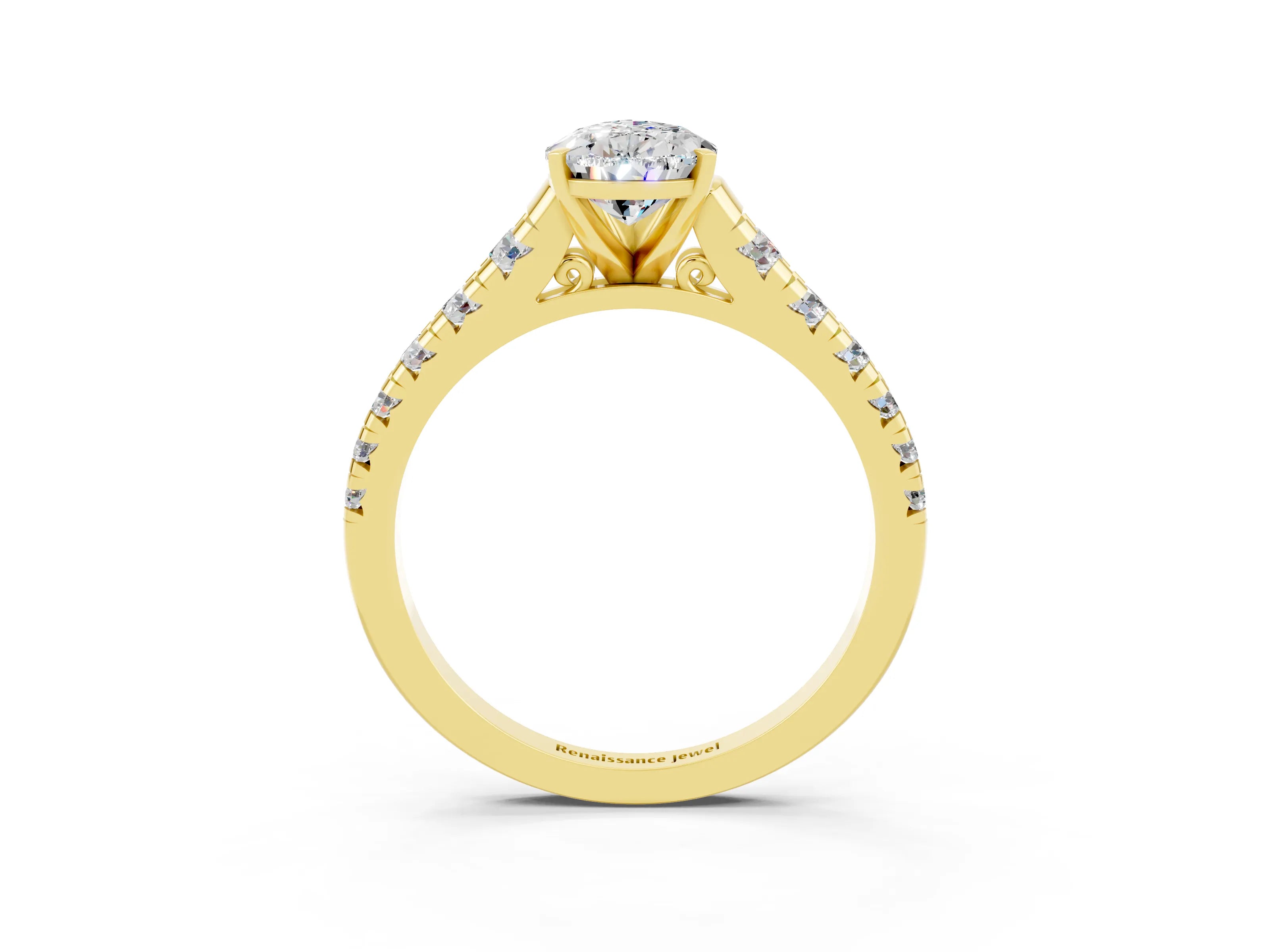 Yellow gold Pear Cut Moissanite Solitaire Ring with Cathedral Setting and Pavé Band_3
