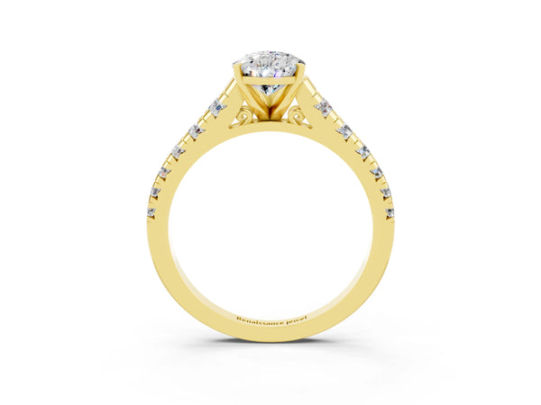 Yellow gold Pear Cut Moissanite Cathedral Solitaire Ring with Round  Pavé Band