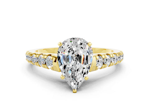 Yellow gold Pear Cut Moissanite Solitaire Ring with Cathedral Setting and Pavé Band
