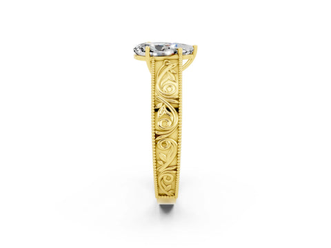 Yellow gold Pear Cut Moissanite Solitaire Ring with Engraved Band and Four-Prong Setting_2