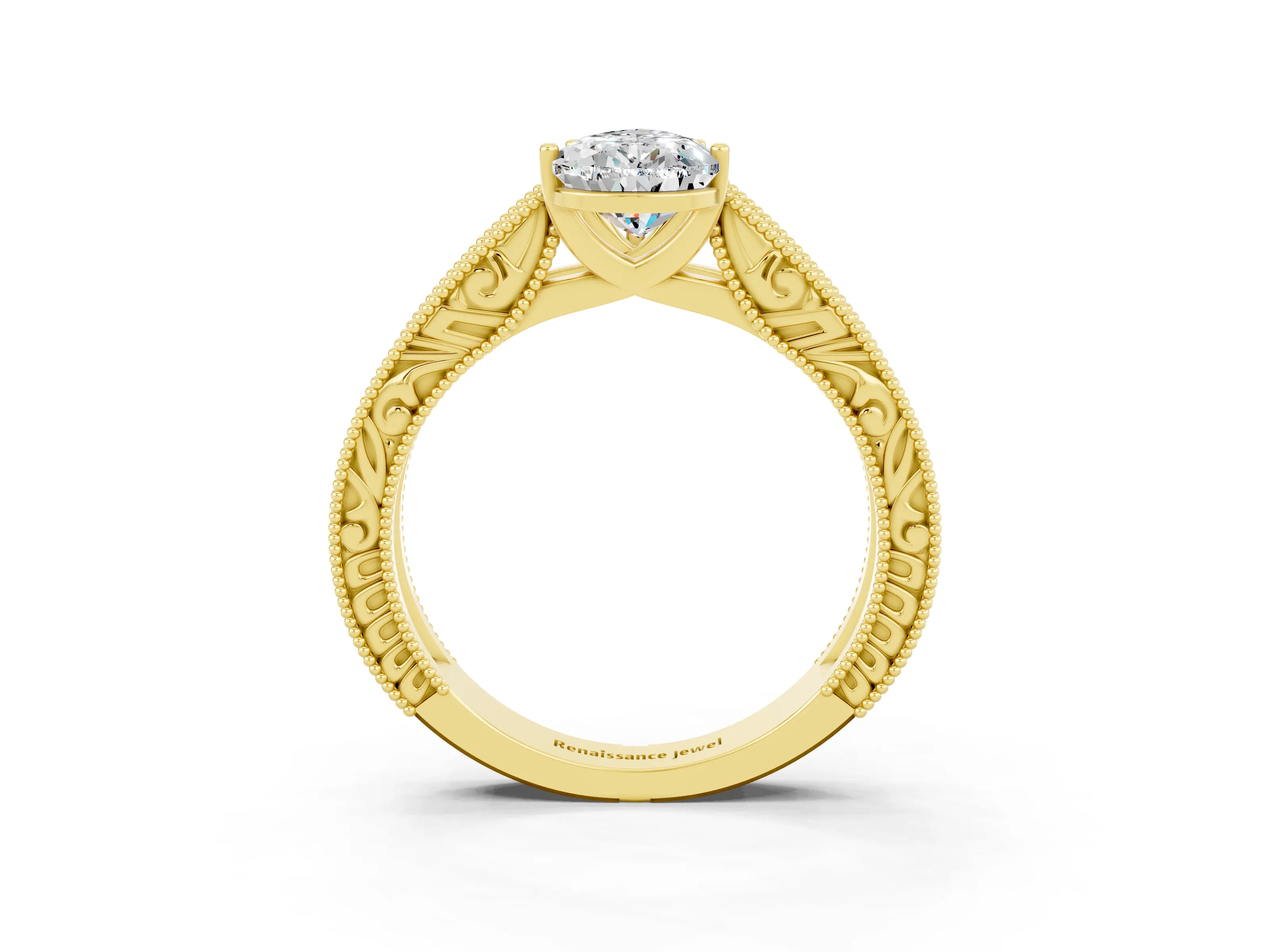 Yellow gold Pear Cut Moissanite Solitaire Ring with Engraved Band and Four-Prong Setting_3