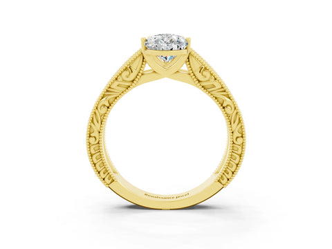 Yellow gold Pear Cut Moissanite Solitaire Ring with Engraved Band and Four-Prong Setting_3