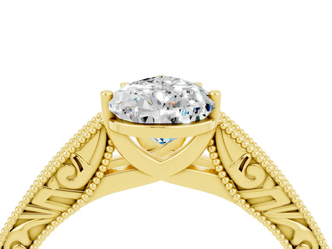 Yellow gold Pear Cut Moissanite Solitaire Ring with Engraved Band and Four-Prong Setting_4