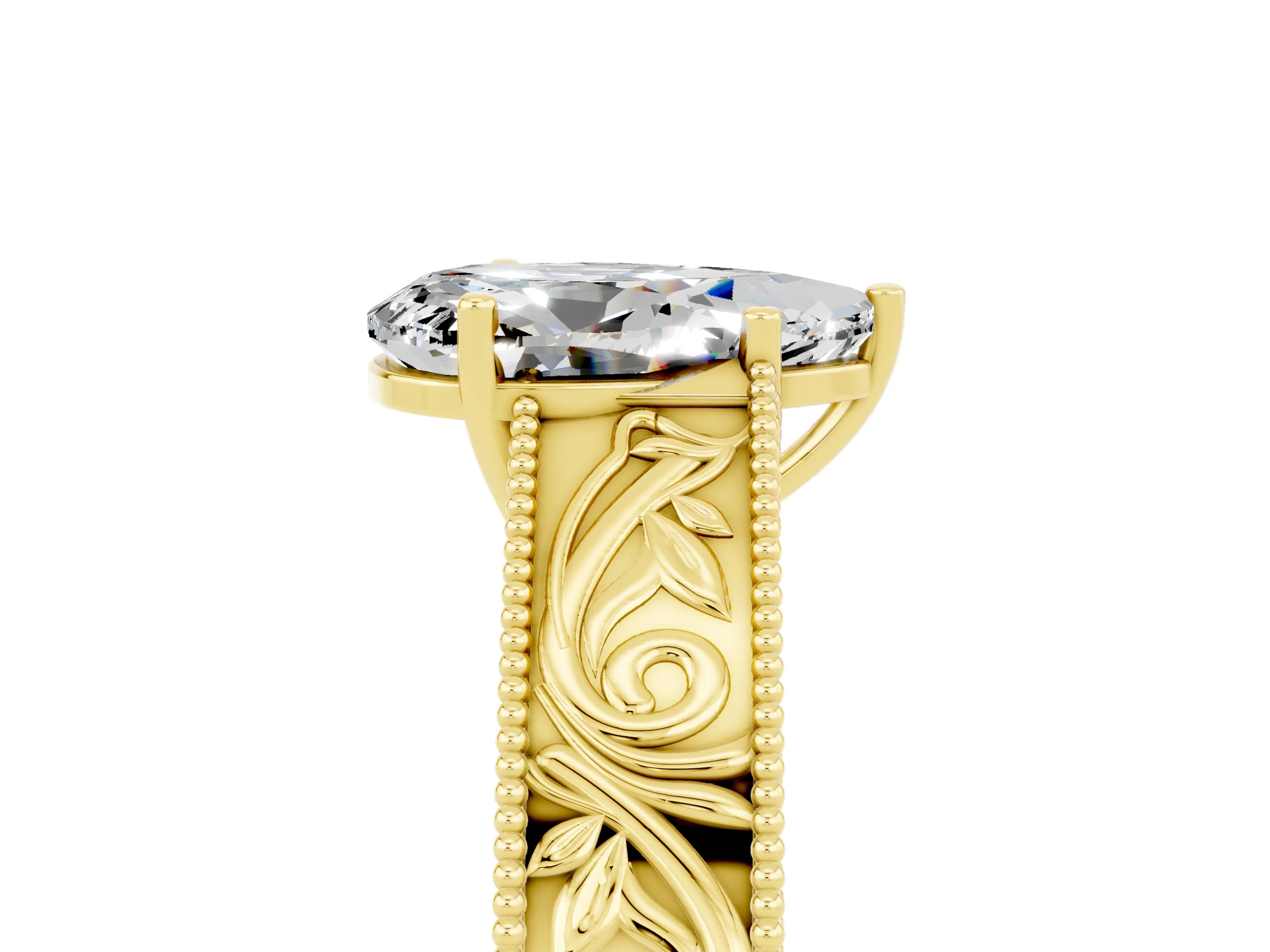 Yellow gold Pear Cut Moissanite Solitaire Ring with Engraved Band and Four-Prong Setting_5