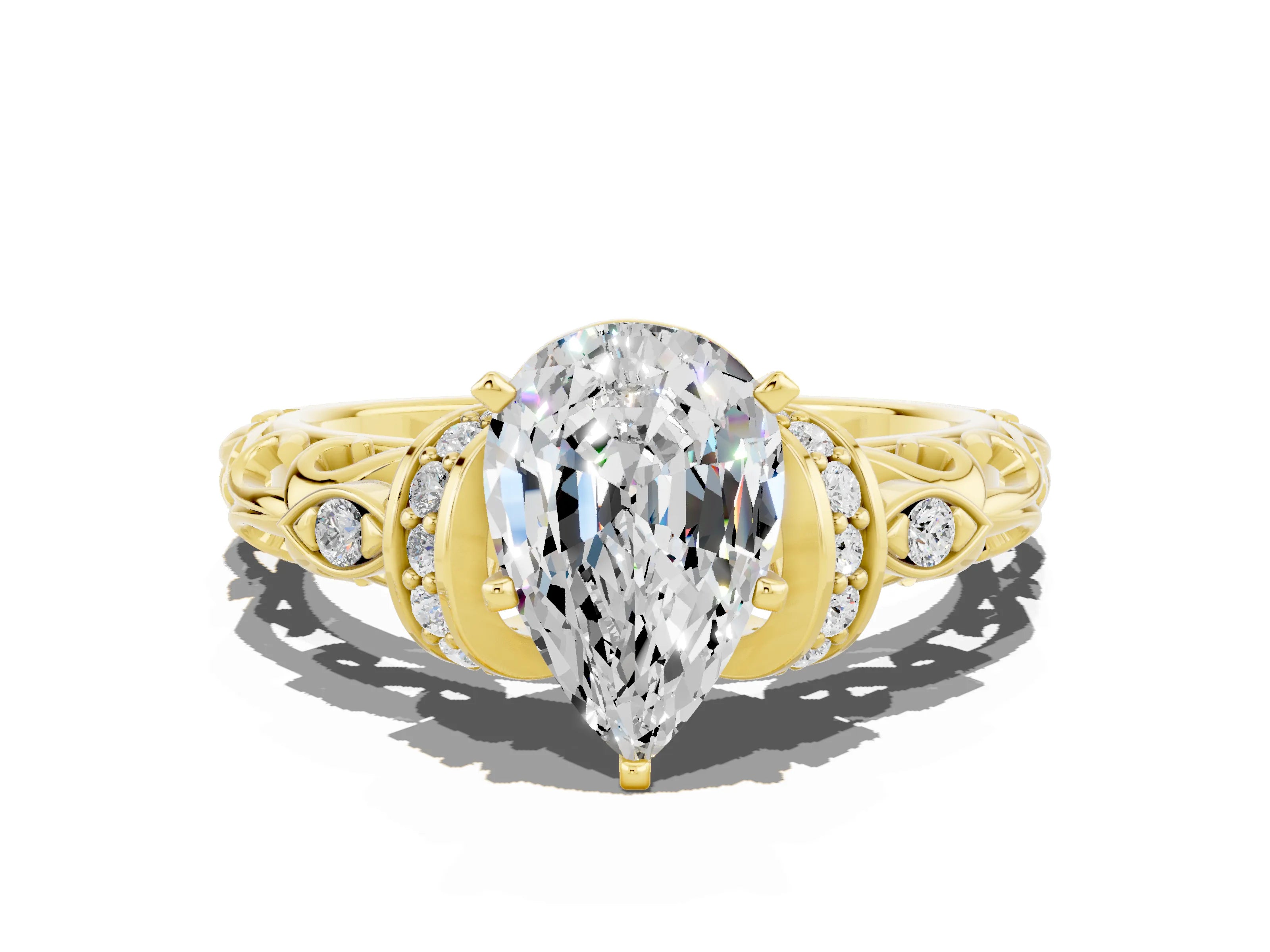 Yellow gold Pear Cut Moissanite Solitaire Ring with Filigree Band and Four-Prong Setting_24