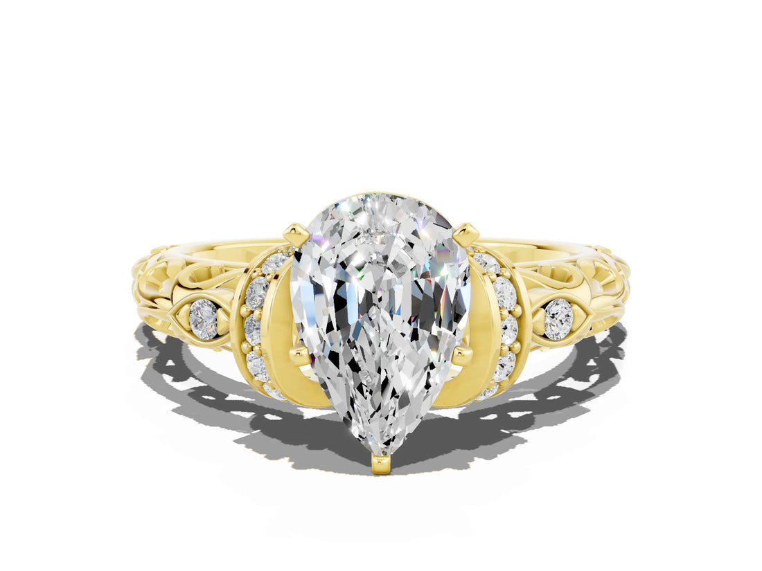Yellow gold Pear Cut Moissanite Solitaire Ring with Filigree Band and Four-Prong Setting_24