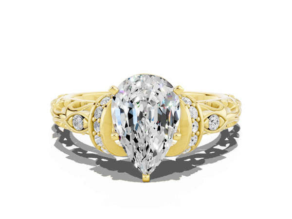Yellow gold Pear Cut Moissanite Solitaire Ring with Filigree Band and Four-Prong Setting