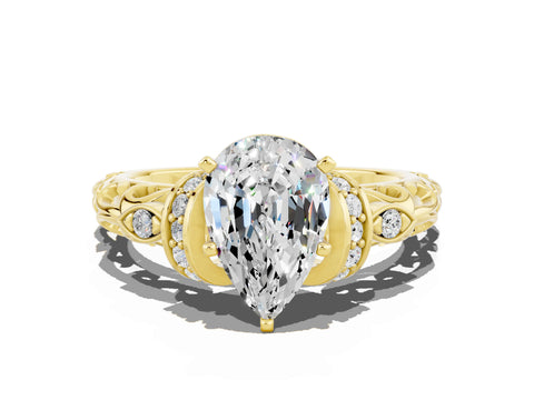 Yellow gold Pear Cut Moissanite Solitaire Ring with Filigree Band and Four-Prong Setting_24