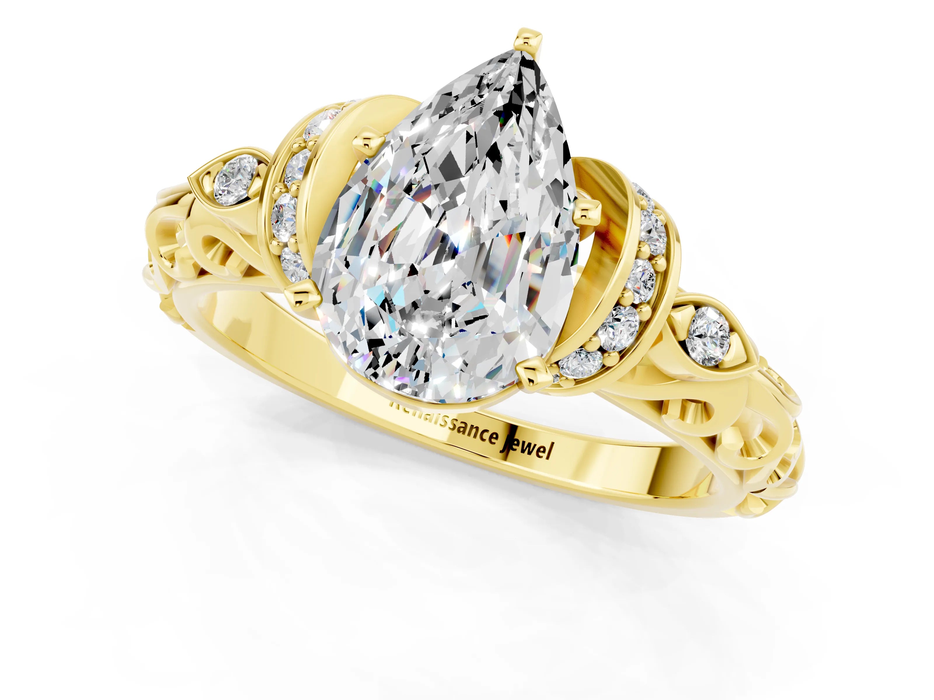 Yellow gold Pear Cut Moissanite Solitaire Ring with Filigree Band and Four-Prong Setting_25