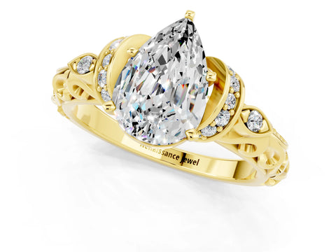 Yellow gold Pear Cut Moissanite Solitaire Ring with Filigree Band and Four-Prong Setting_25