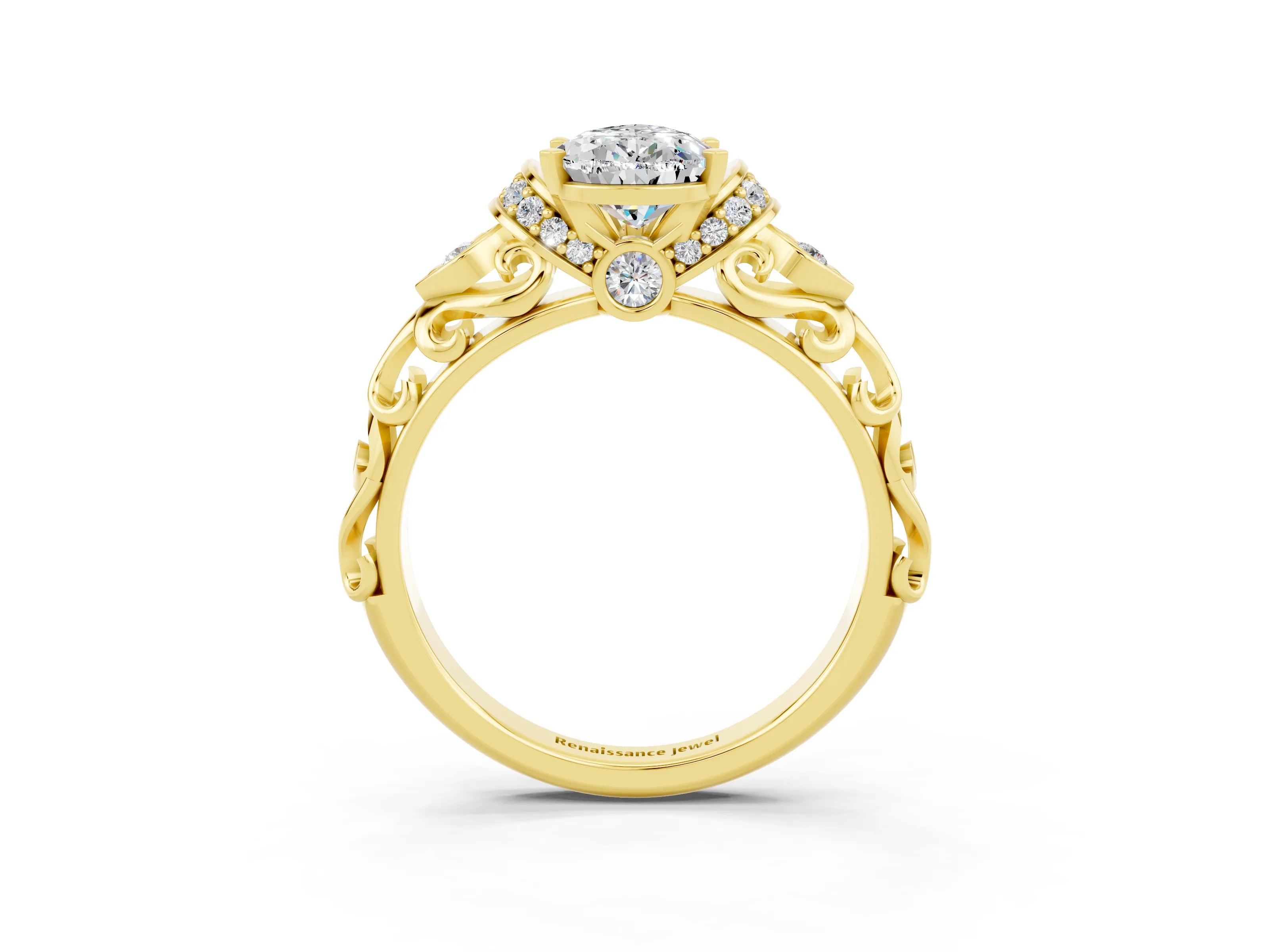 Yellow gold Pear Cut Moissanite Solitaire Ring with Filigree Band and Four-Prong Setting_27