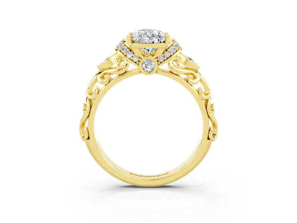 Yellow gold Pear Cut Moissanite Solitaire Ring with Filigree Band and Four-Prong Setting