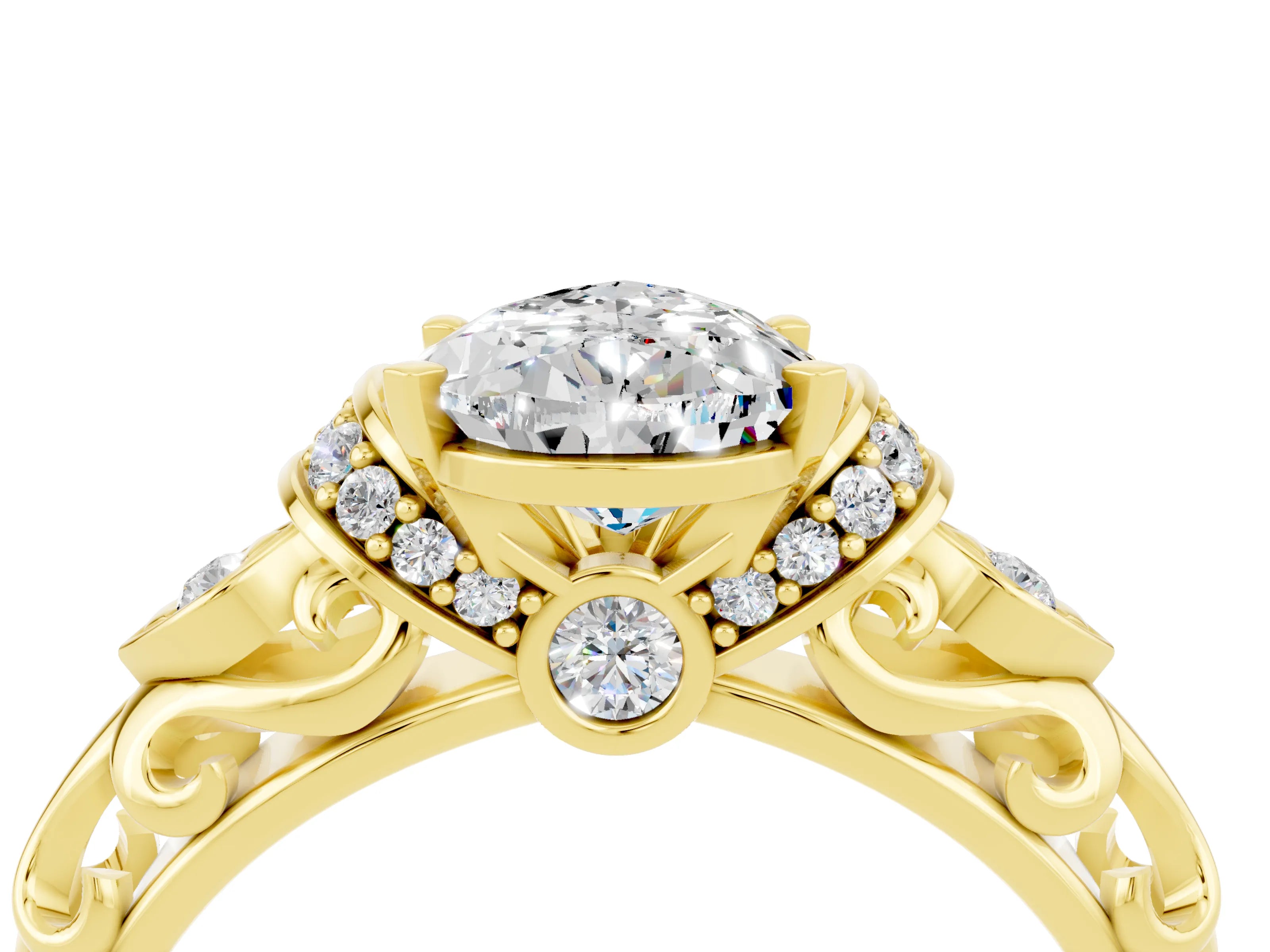Yellow gold Pear Cut Moissanite Solitaire Ring with Filigree Band and Four-Prong Setting_28