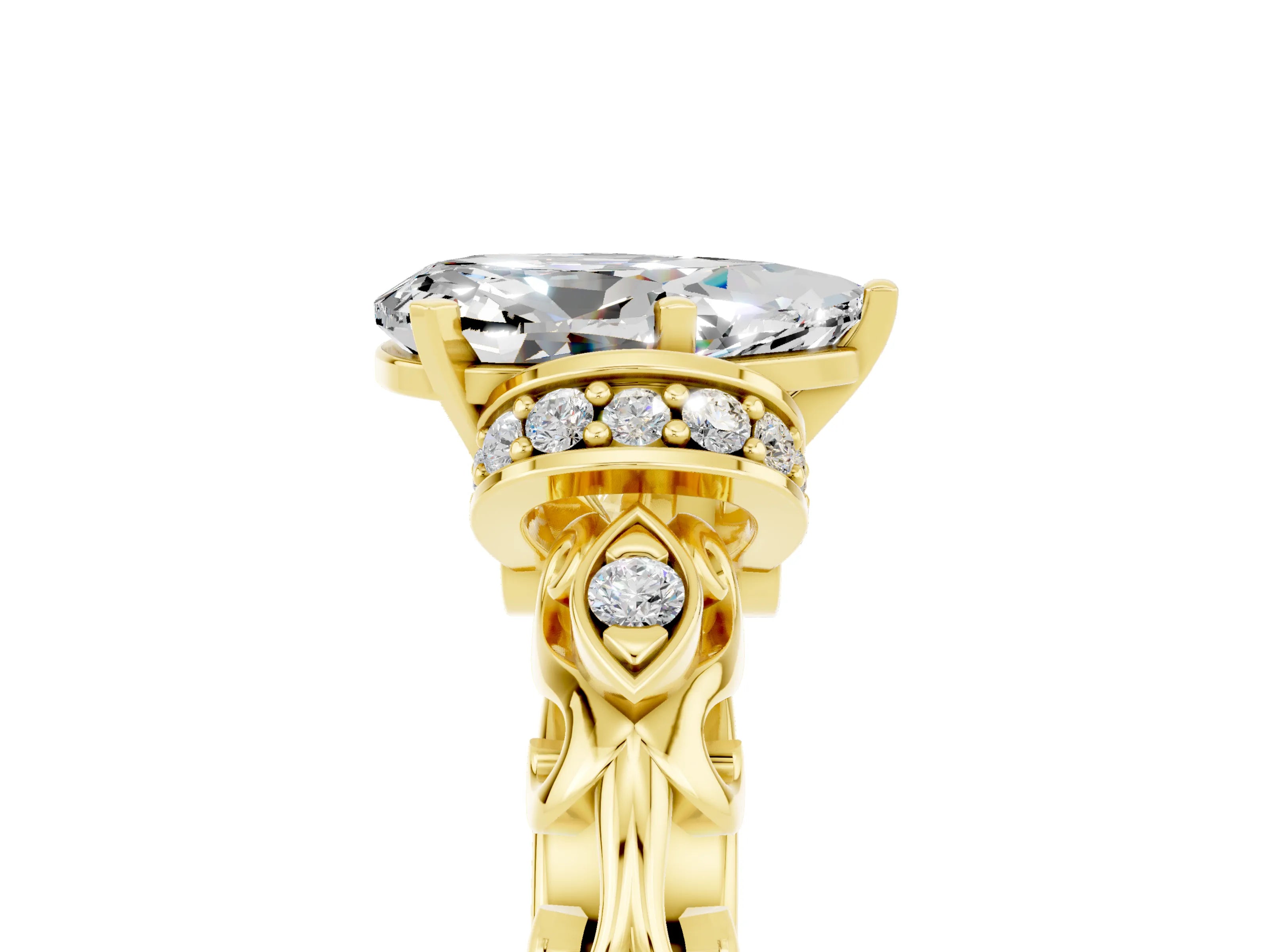 Yellow gold Pear Cut Moissanite Solitaire Ring with Filigree Band and Four-Prong Setting_29