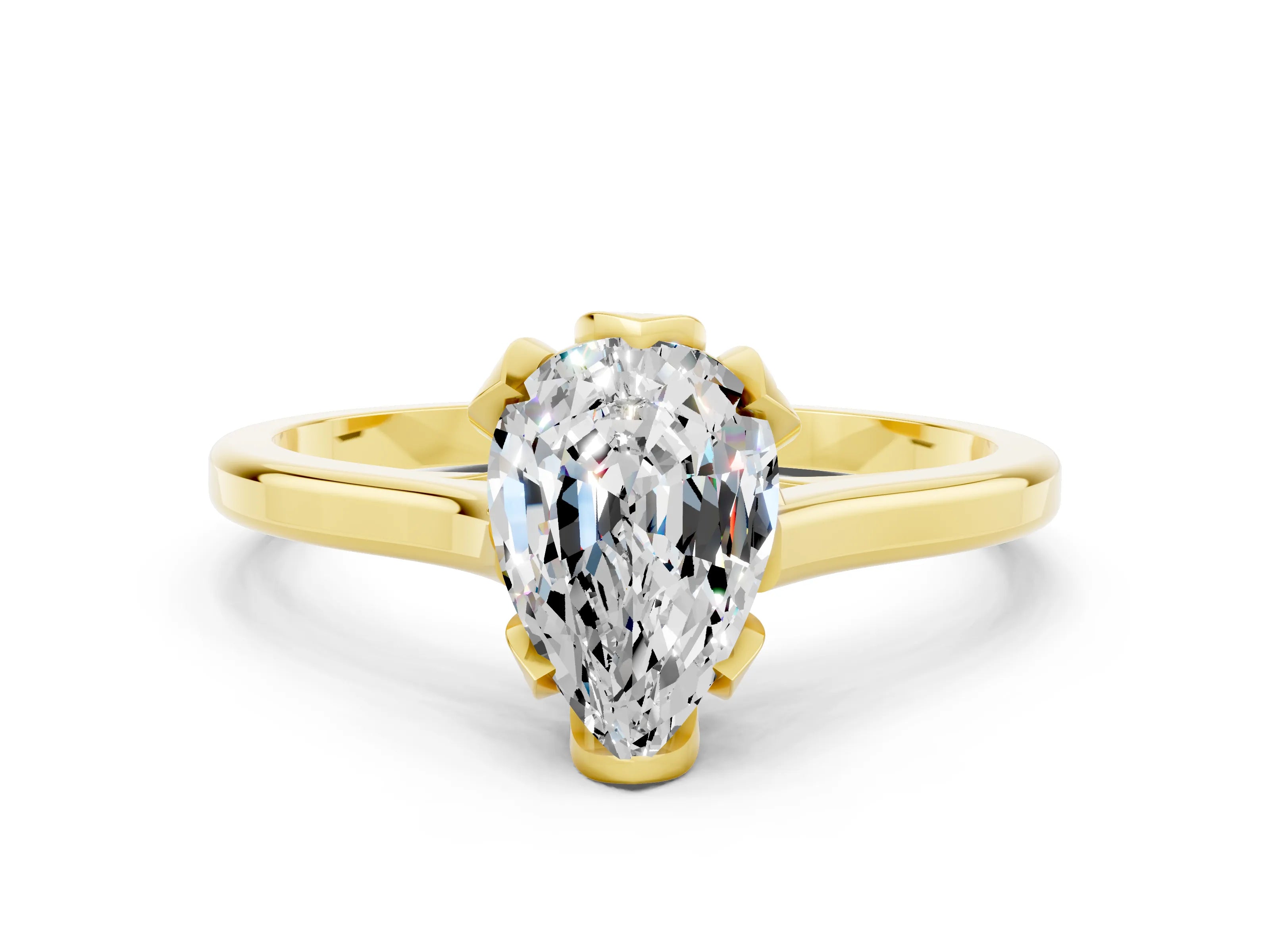 Yellow gold Pear Cut Moissanite Solitaire Ring with Flower Prong Setting and Classic Band_12