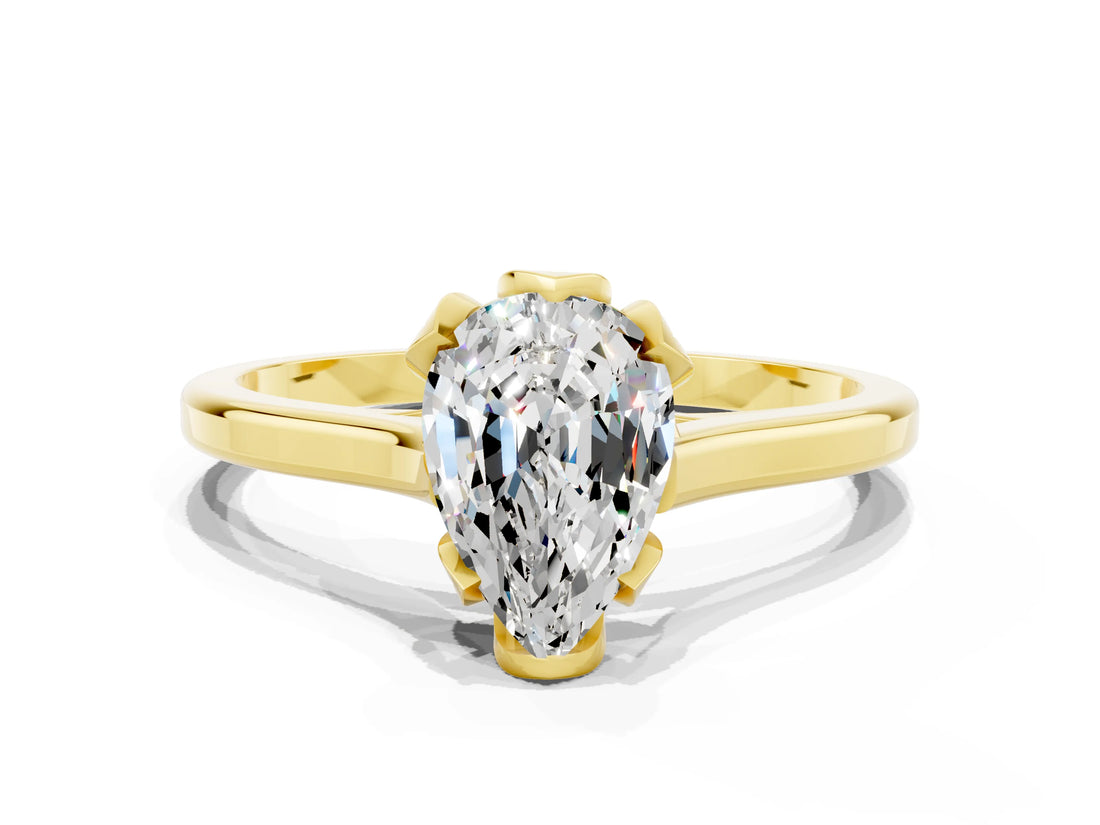 Yellow gold Pear Cut Moissanite Solitaire Ring with Flower Prong Setting and Classic Band_12