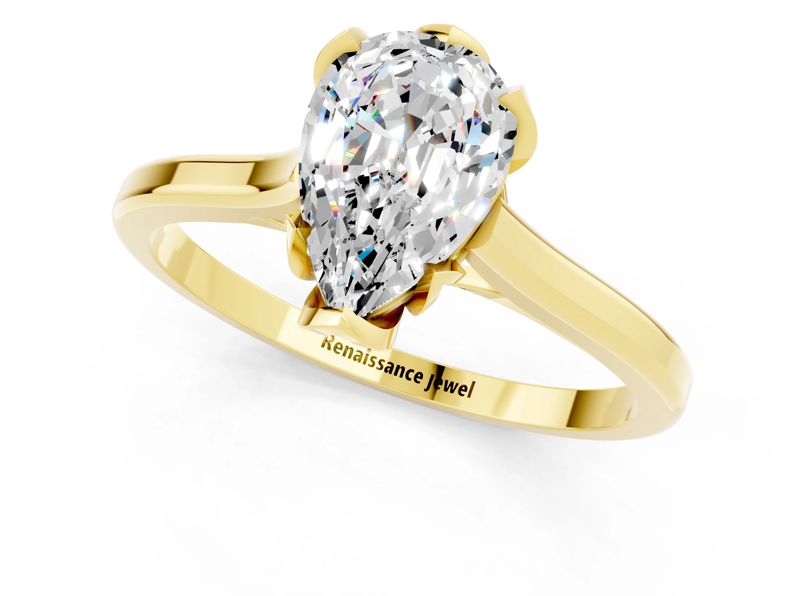 Yellow gold Pear Cut Moissanite Solitaire Ring with Flower Prong Setting and Classic Band_13