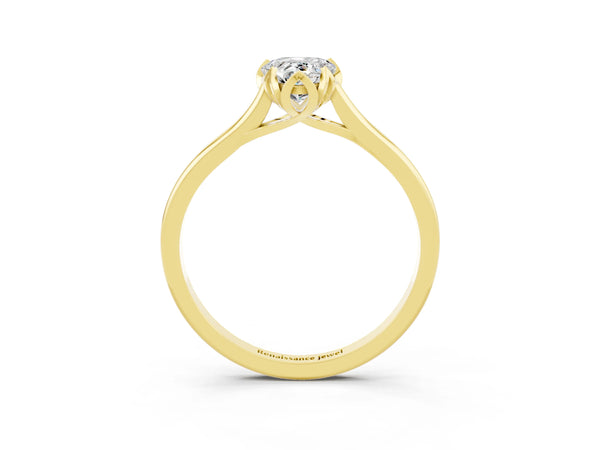 Yellow gold Pear Cut Moissanite Solitaire Ring with Flower Prong Setting and Classic Band