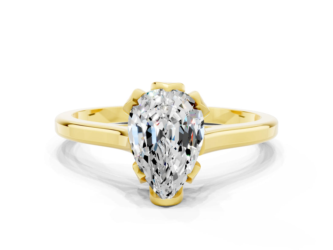 Yellow gold Pear Cut Moissanite Solitaire Ring with Flower Prong Setting and Classic Band_36