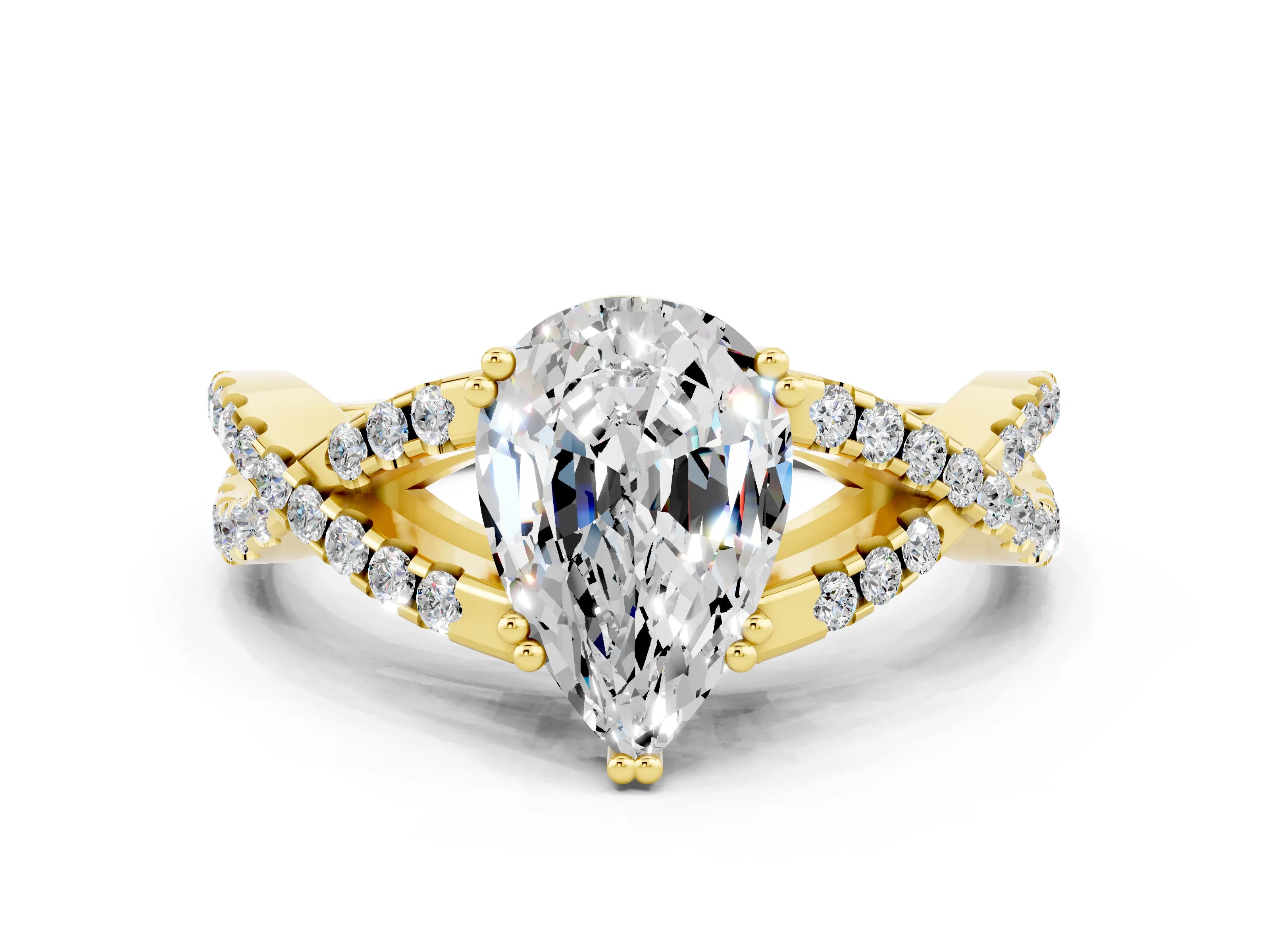 Yellow gold Pear Cut Moissanite Solitaire Ring with Four-Prong Setting and Twisted Pavé Band