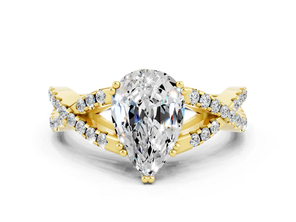 Yellow gold Pear Cut Moissanite Solitaire Ring with Four-Prong Setting and Twisted Pavé Band