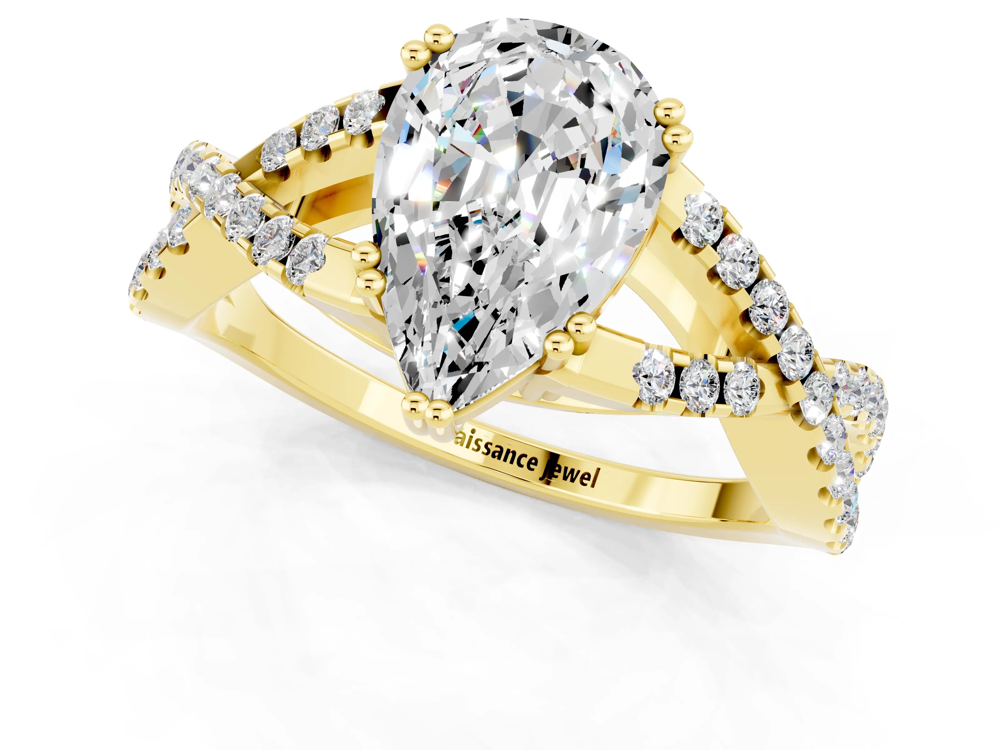 Yellow gold Pear Cut Moissanite Solitaire Ring with Four-Prong Setting and Twisted Pavé Band_1