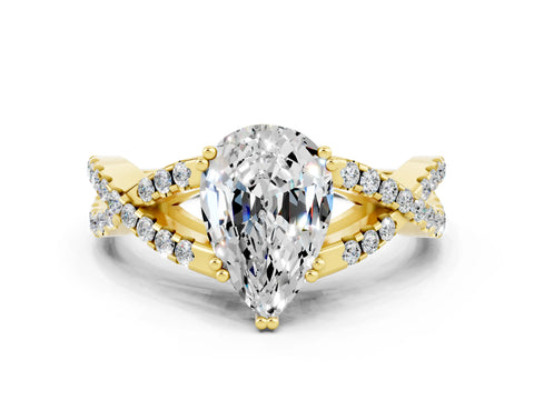 Yellow gold Pear Cut Moissanite Solitaire Ring with Four-Prong Setting and Twisted Pavé Band