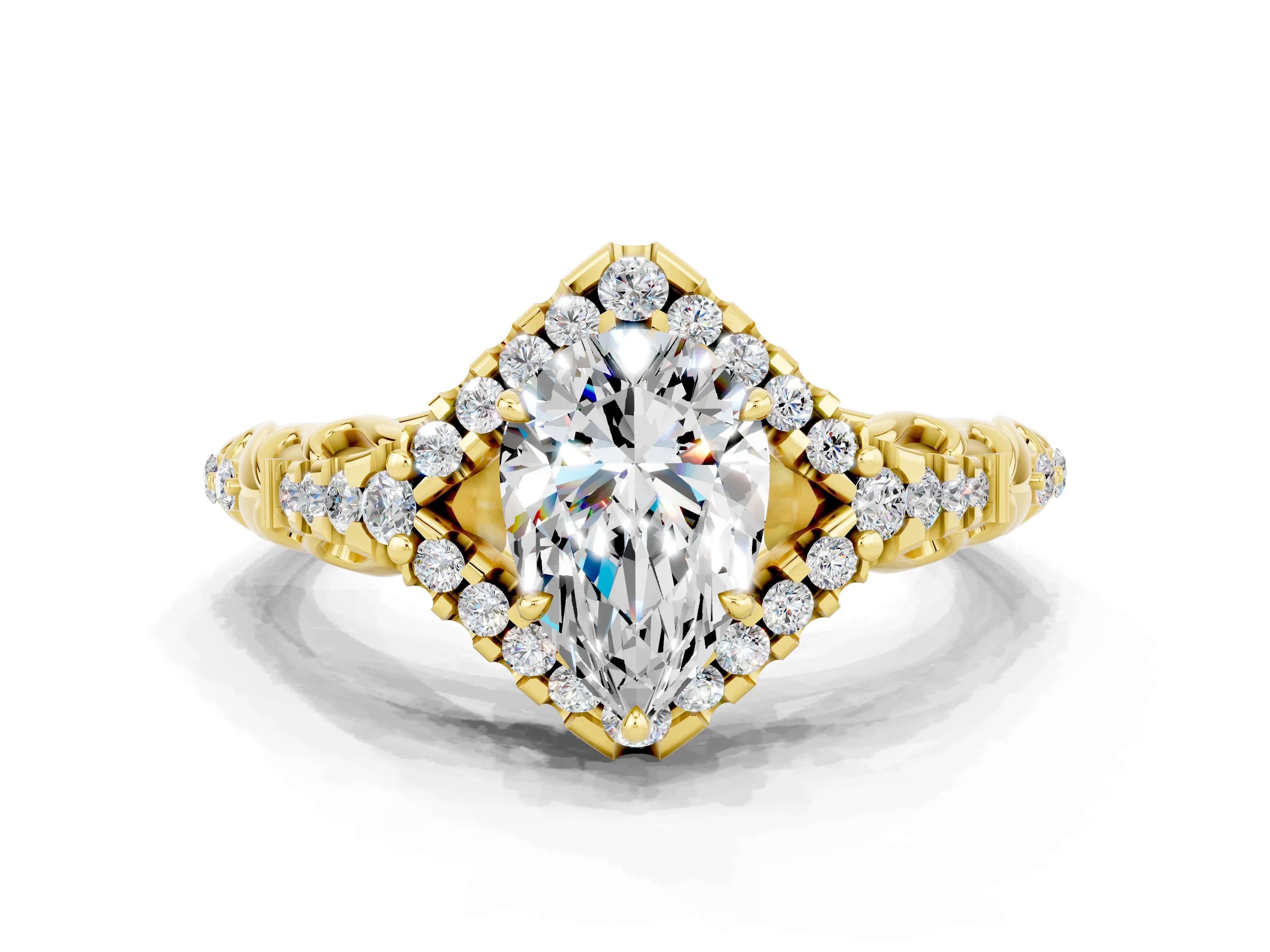 Yellow gold Pear Cut Moissanite Solitaire Ring with Hidden Halo and Pavé Band_12