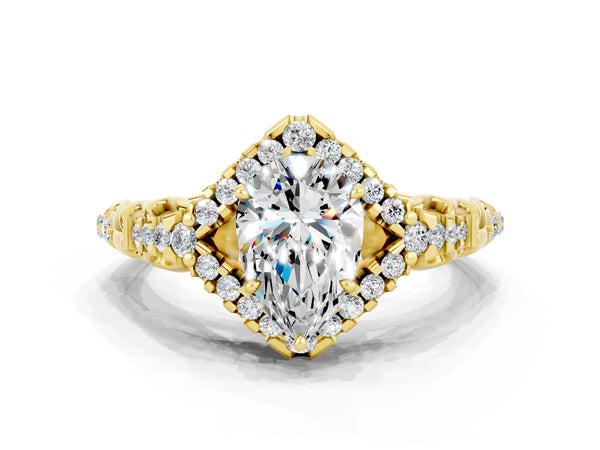 Yellow gold Pear Cut Moissanite Solitaire Ring with Hidden Halo and Pavé Band