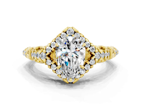 Yellow gold Pear Cut Moissanite Solitaire Ring with Hidden Halo and Pavé Band_12