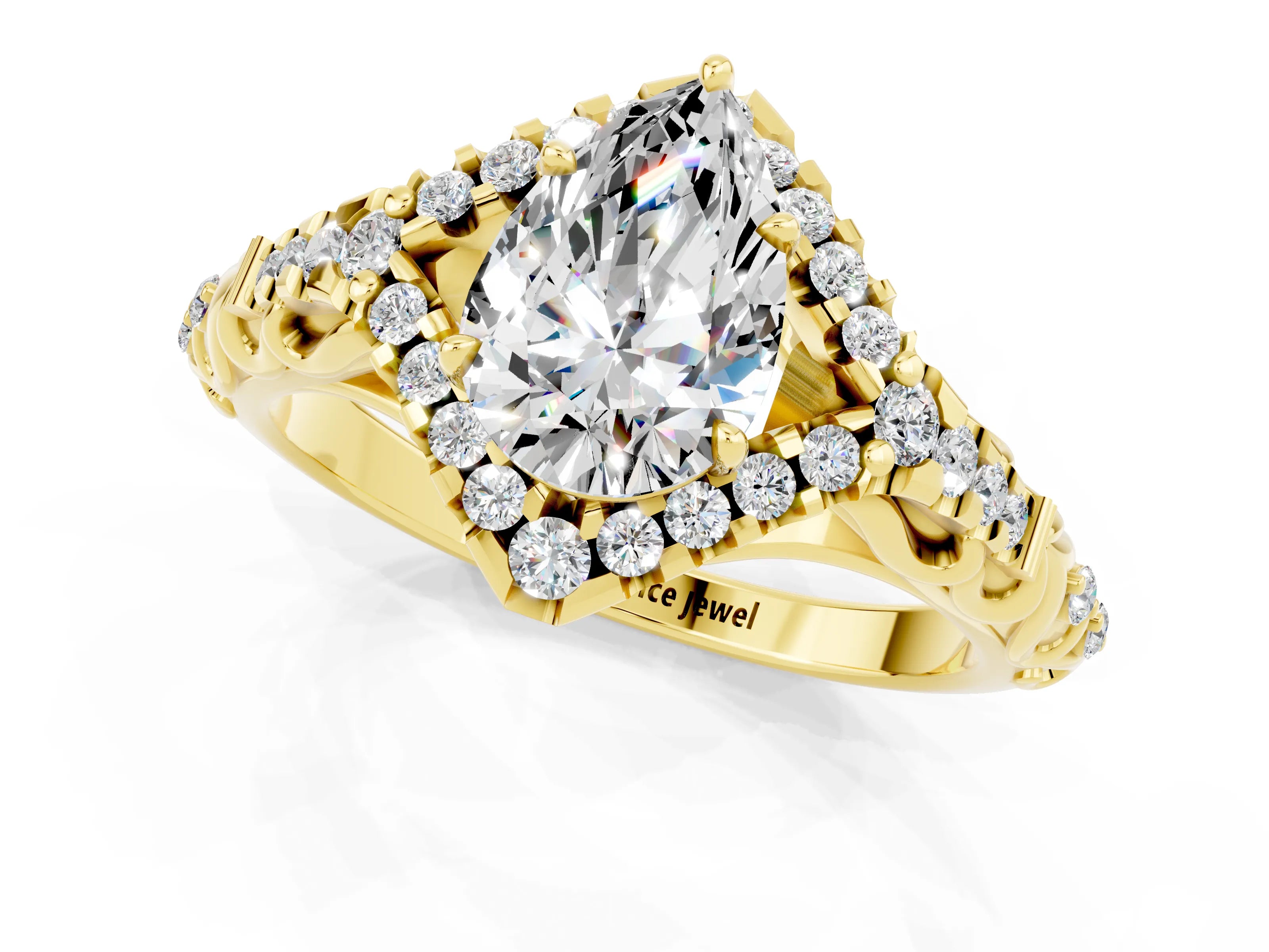Yellow gold Pear Cut Moissanite Solitaire Ring with Hidden Halo and Pavé Band_13