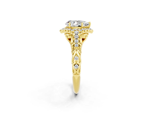Yellow gold Pear Cut Moissanite Solitaire Ring with Hidden Halo and Pavé Band