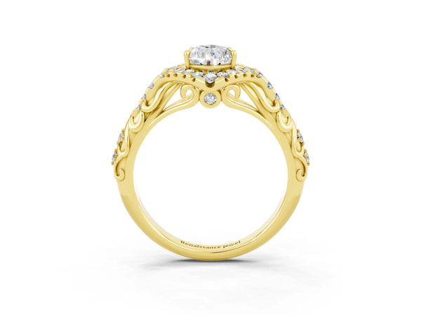 Yellow gold Pear Cut Moissanite Solitaire Ring with Hidden Halo and Pavé Band