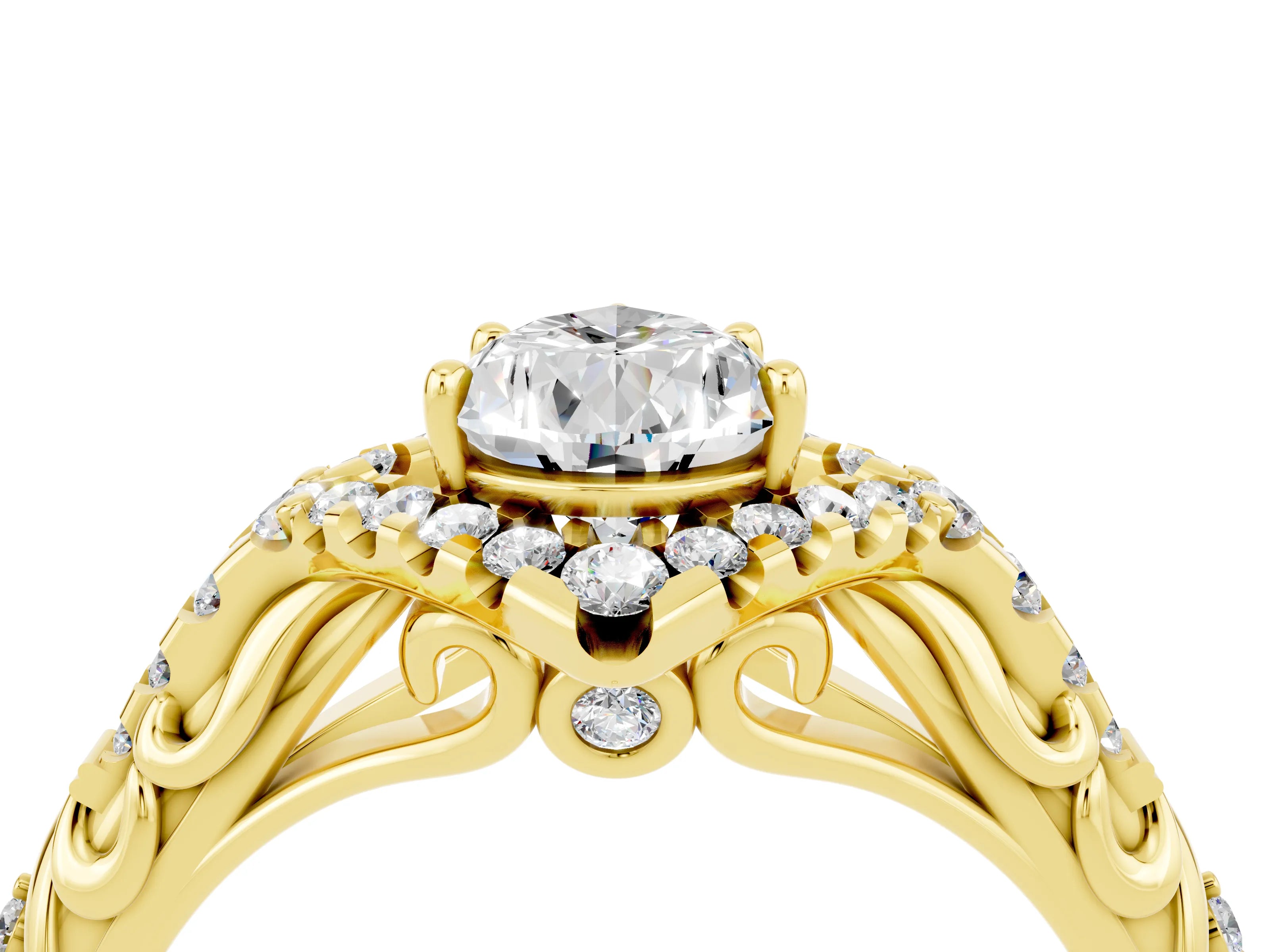 Yellow gold Pear Cut Moissanite Solitaire Ring with Hidden Halo and Pavé Band_16