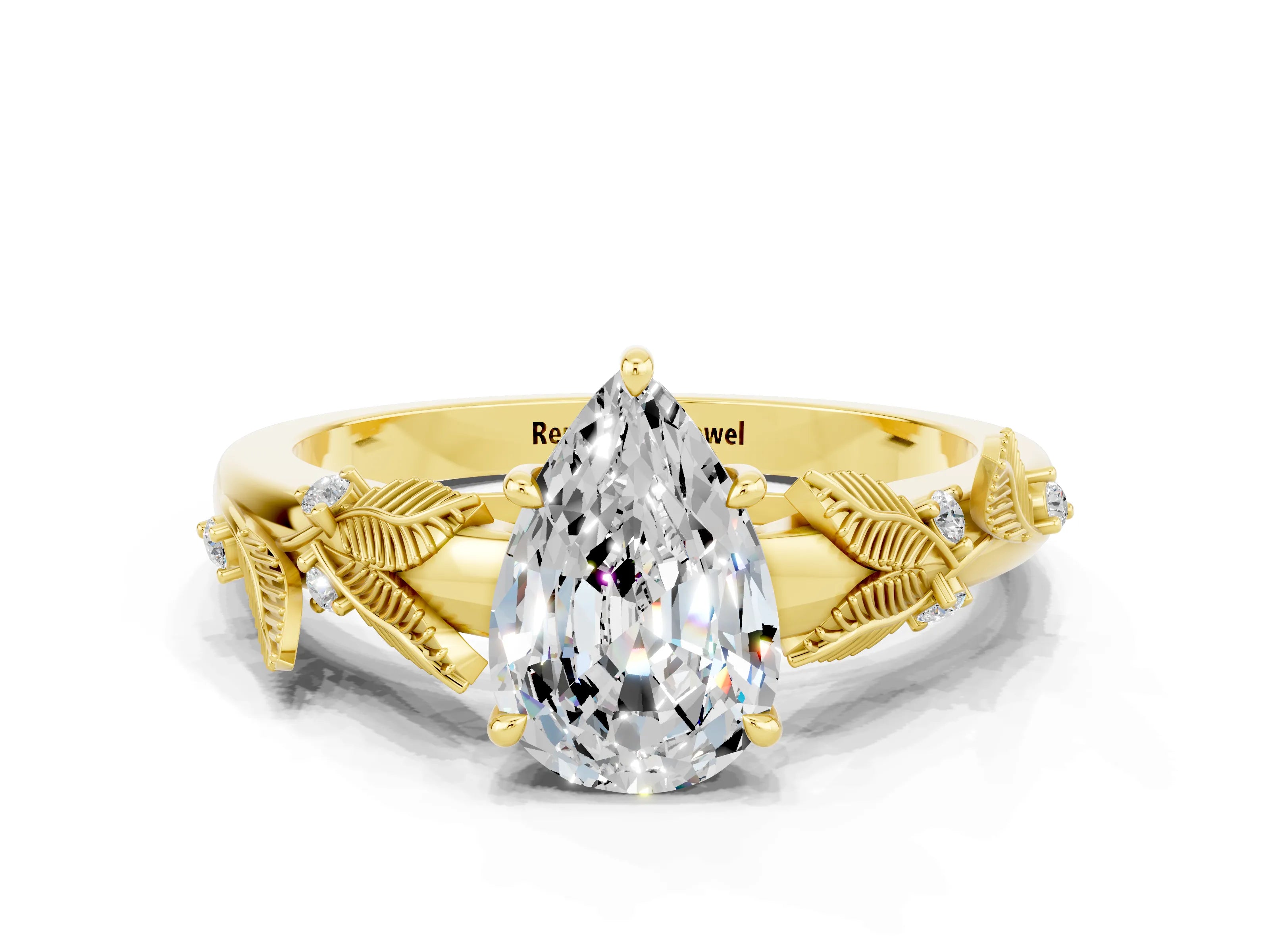 Yellow gold Pear Cut Moissanite Solitaire Ring with Leaf Motif Band and Four-Prong Setting