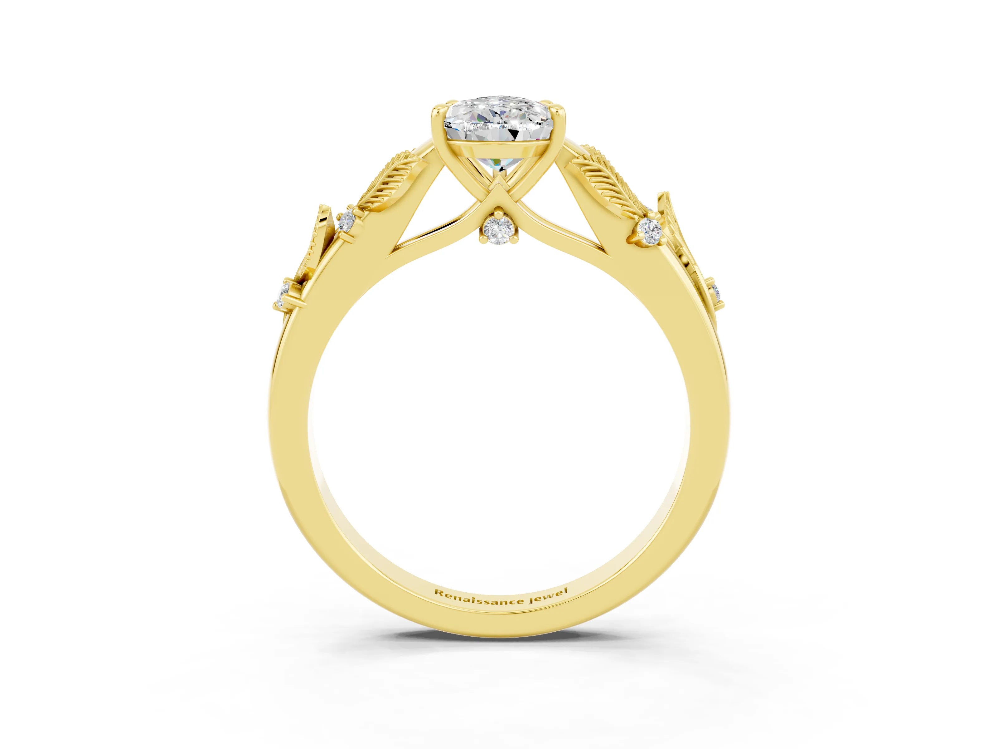 Yellow gold Pear Cut Moissanite Solitaire Ring with Leaf Motif Band and Four-Prong Setting_3
